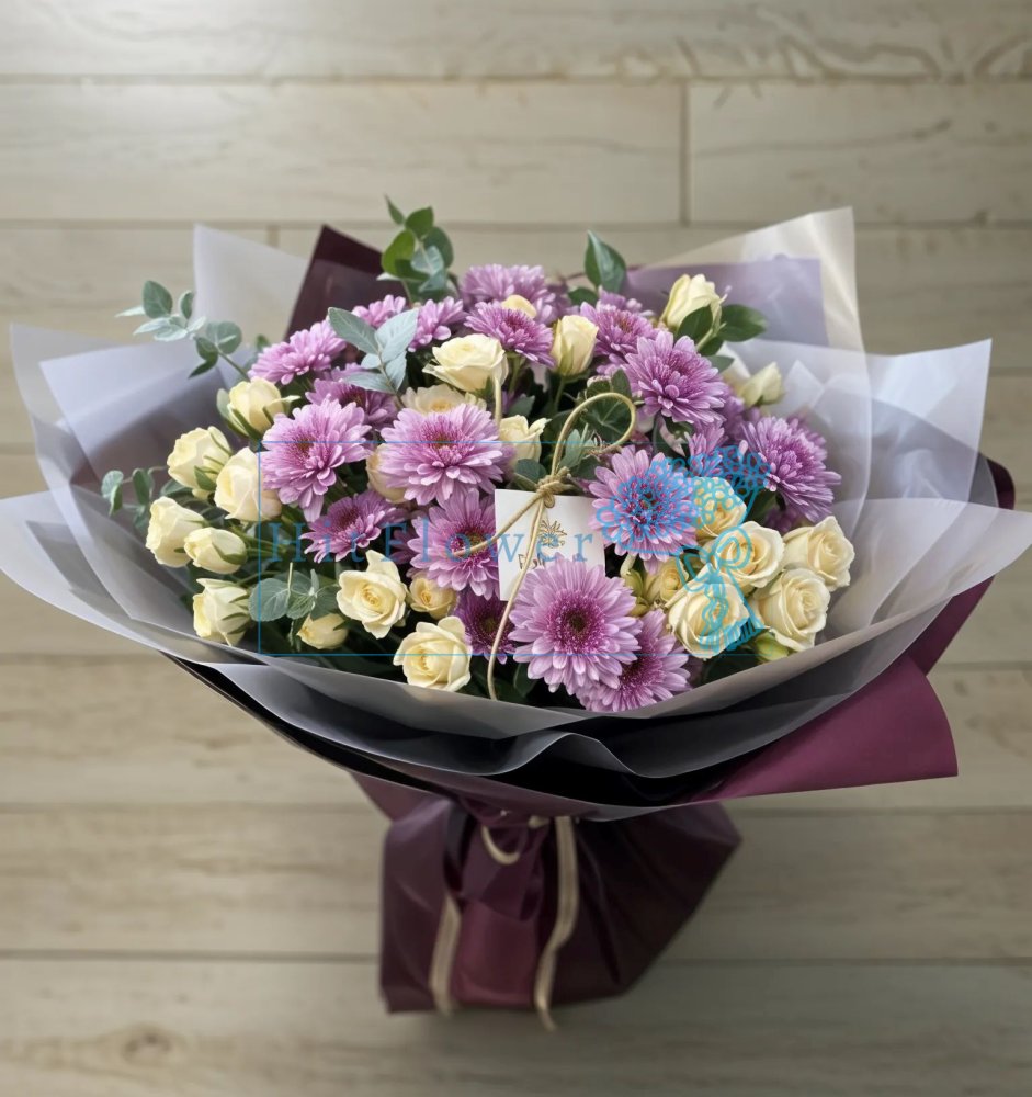 Букет цветов из: Хризантемы и Розы